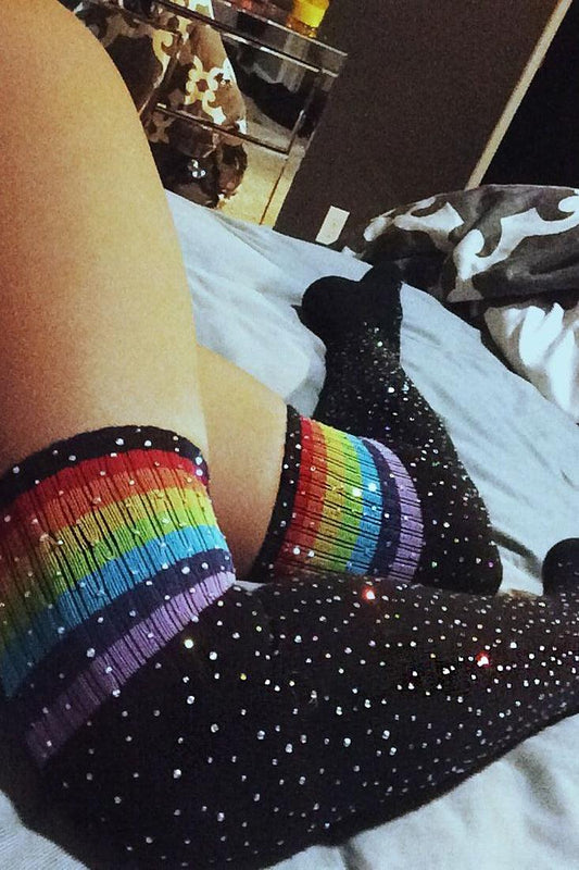 Black Rainbow Striped Rhinestone Thigh High Socks