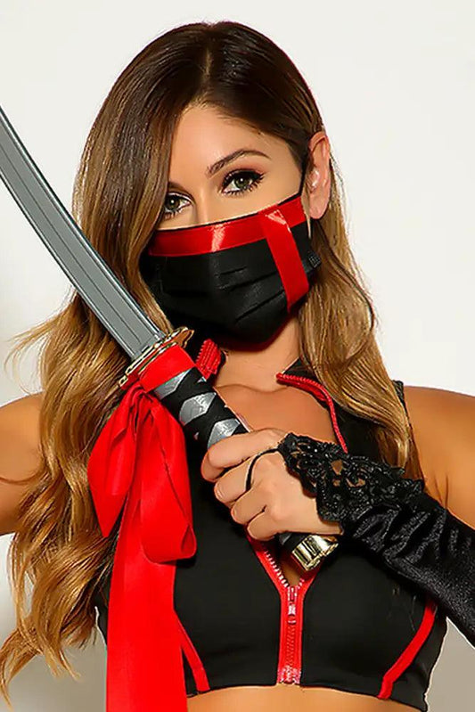 Black Red Ninja Strap Mask Costume Accesory - Babewear