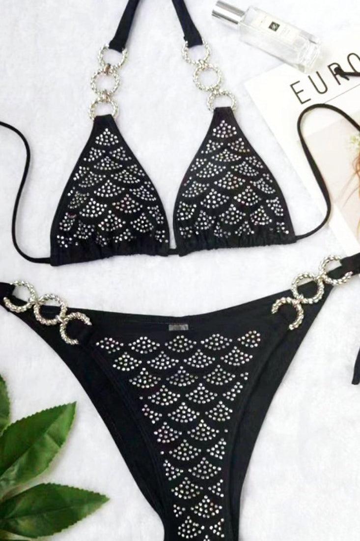 Black Rhinestone Covered O-Ring Cheeky 2Pc Sexy Swimsuit Bikini