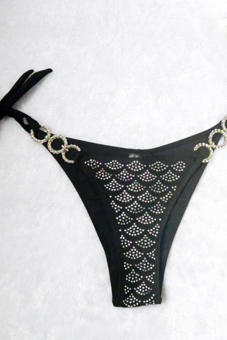 Black Rhinestone Covered O-Ring Cheeky 2Pc Sexy Swimsuit Bikini