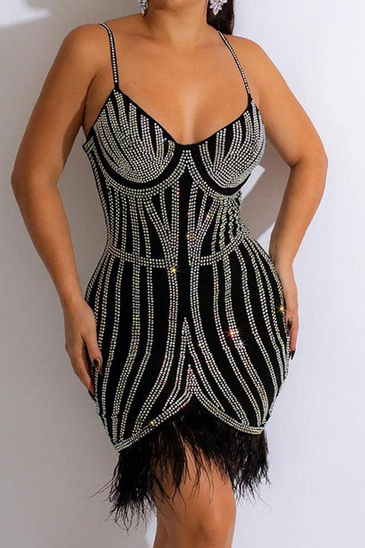 Black Rhinestone Faux Feather Trim Mesh Sleeveless Party Dress