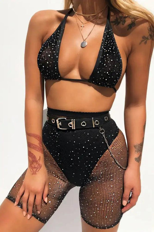 Black Rhinestone Fishnet Two Piece Swimsuit