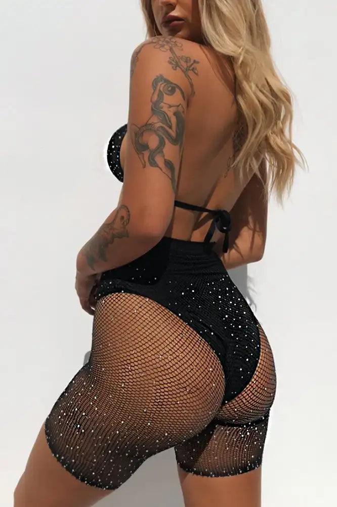 Black Rhinestone Fishnet Two Piece Swimsuit