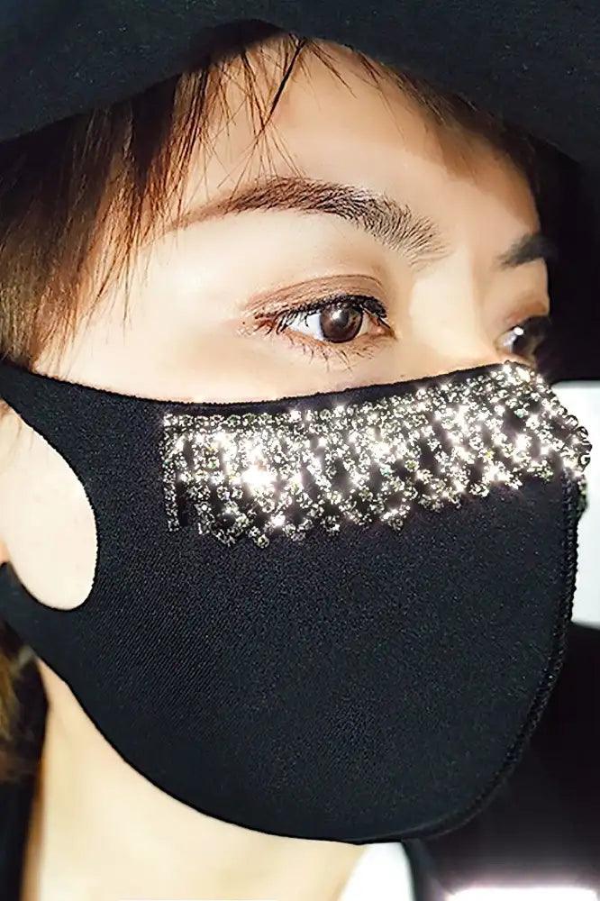 Black Rhinestone Fringe Accent Face Mask - Babewear