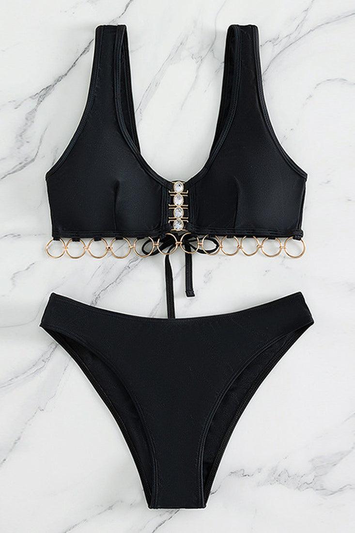 Black Rhinestone O-rings Cheeky 2Pc Bikini Swimsuit Set