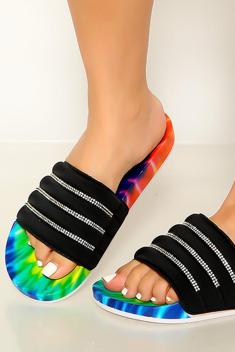 Black Rhinestone Rainbow Tie Dye Slip On Slides Sandals