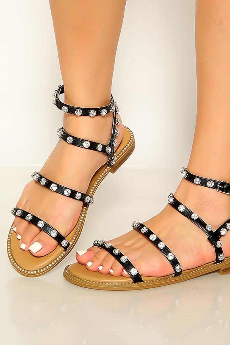 Black Rhinestone Strappy Gladiator Flat Sandals