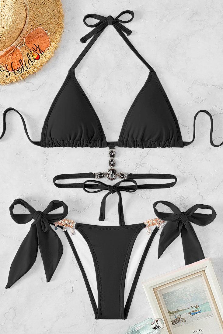 Black Rhinestone Tie Back Triangle Bikini 2 Pc Swimsuit