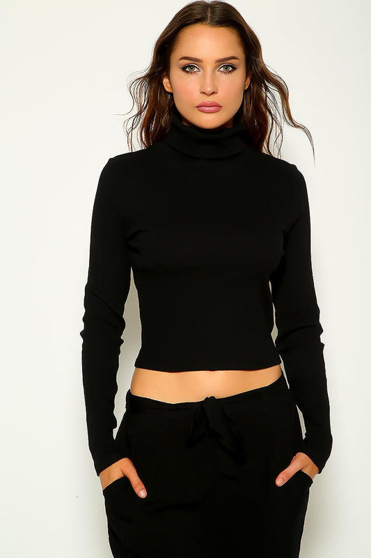 Black Ribbed Long Sleeves Turtleneck Sexy Sweater Top