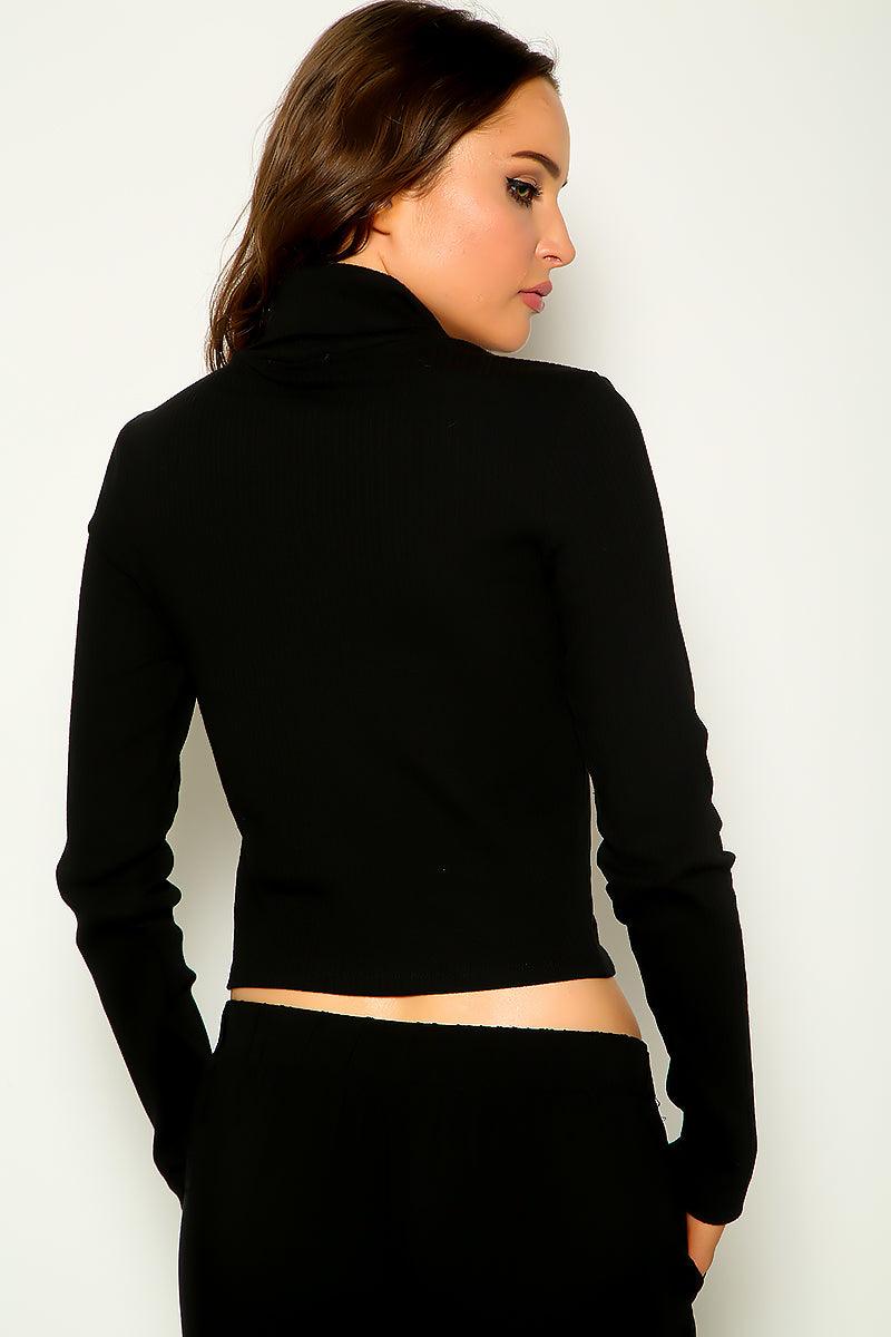 Black Ribbed Long Sleeves Turtleneck Sexy Sweater Top