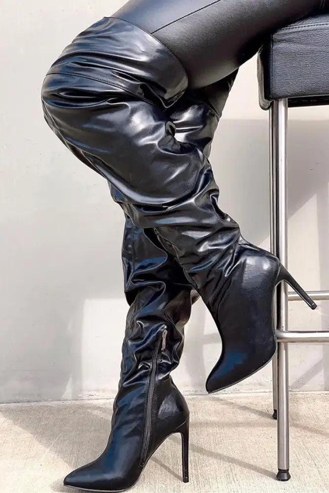 Black Ruched Pointy Toe Thigh High Boots Faux Leather