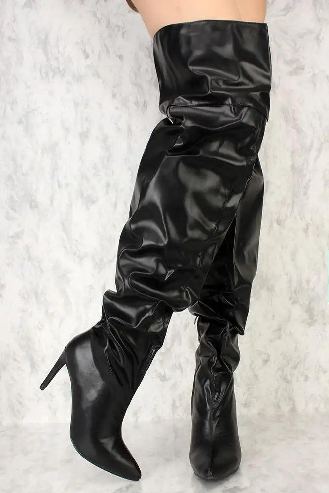 Black Ruched Pointy Toe Thigh High Boots Faux Leather