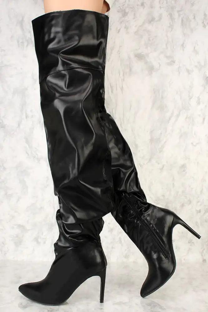 Black Ruched Pointy Toe Thigh High Boots Faux Leather