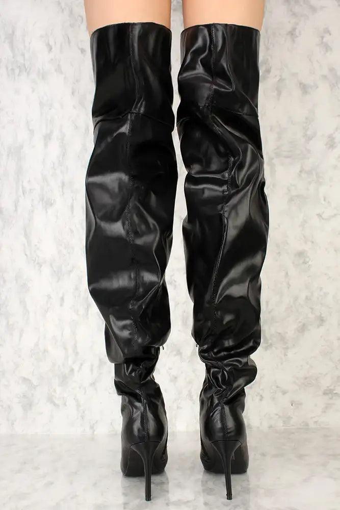 Black Ruched Pointy Toe Thigh High Boots Faux Leather