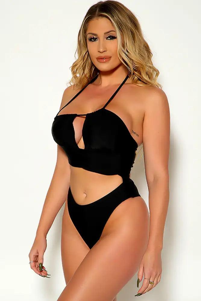 Black Sexy Halter Cut Out One Piece Swimsuit