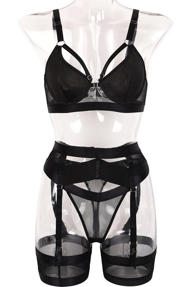 Black Sexy Sheer Mesh Underwire Elastic Garter 5 Pc Lingerie Set