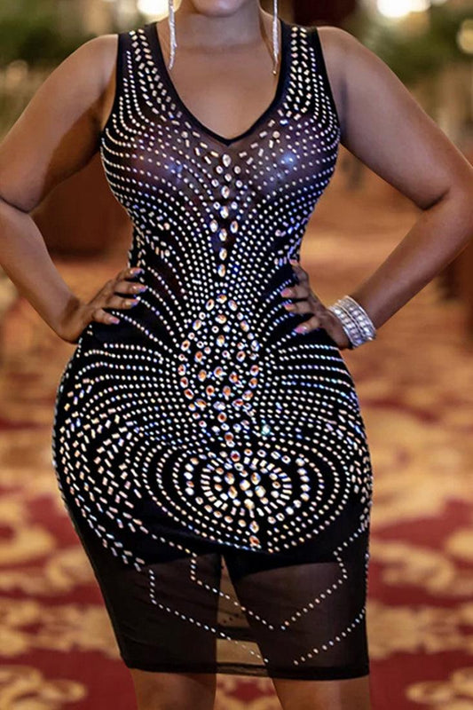 Black Sexy Sheer Rhinestone Party Dress