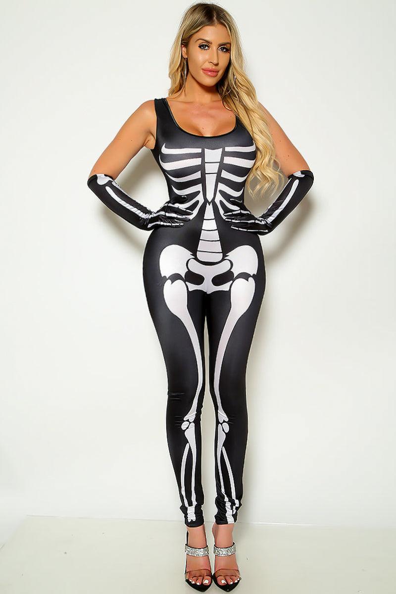 Black Sexy Skeleton Print Sleeveless Jumpsuit With Gloves Costume