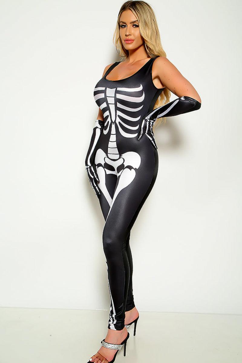 Black Sexy Skeleton Print Sleeveless Jumpsuit With Gloves Costume