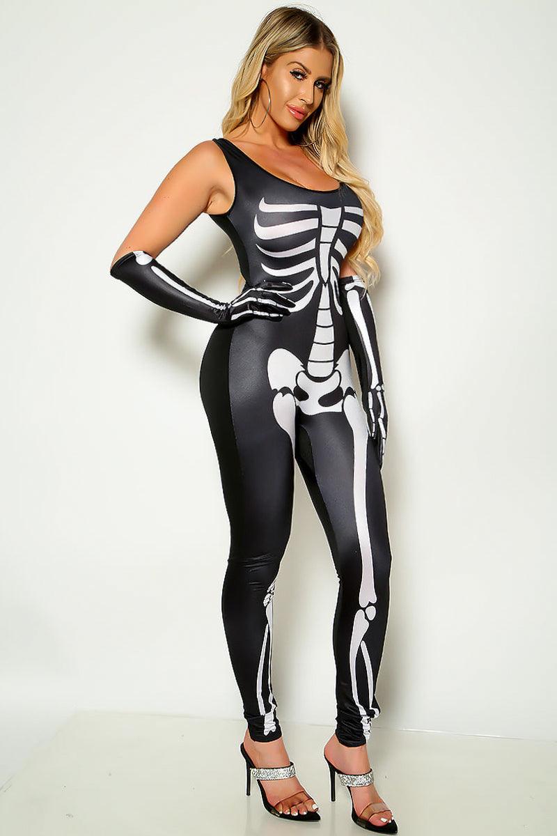 Black Sexy Skeleton Print Sleeveless Jumpsuit With Gloves Costume