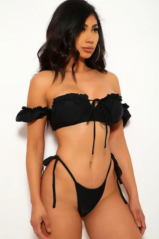 Black Short Sleeve Ruffled Two Piece Swimsuit