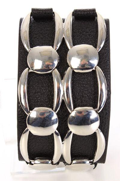 Black Silver Linked Decor Cuff Bracelet