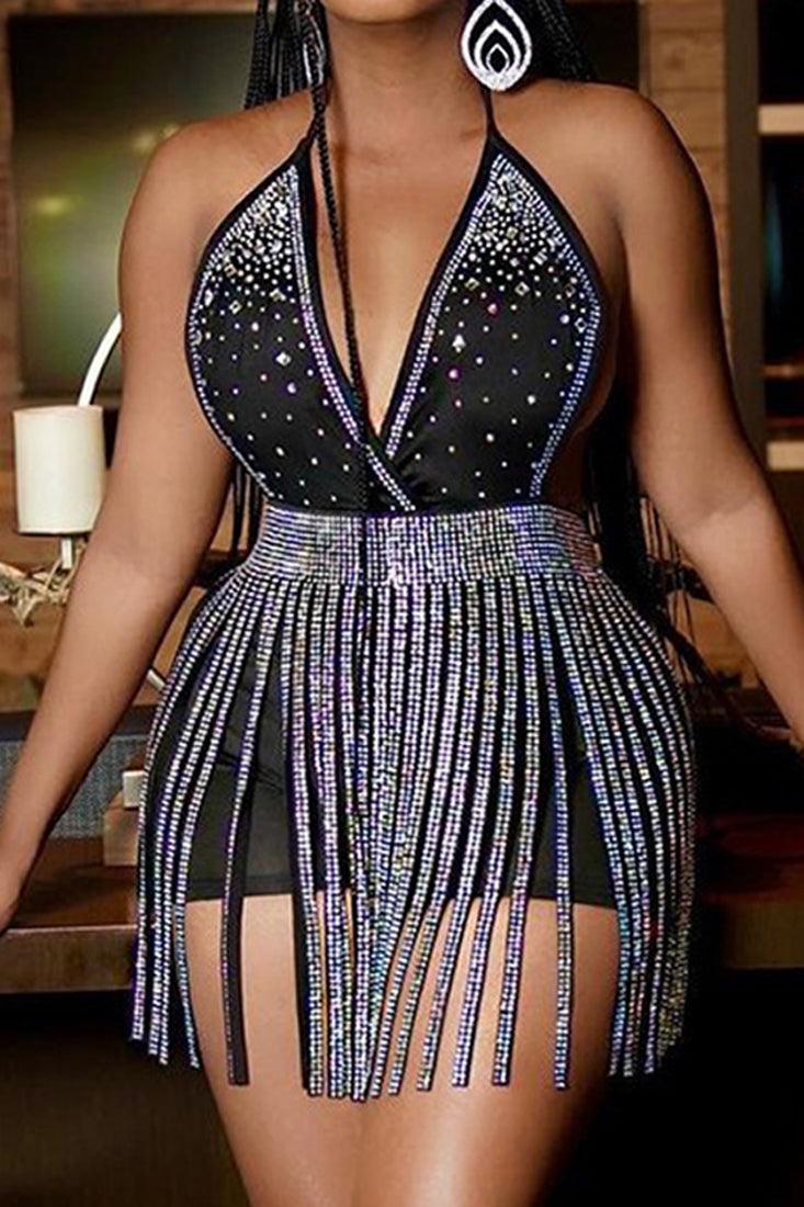 Black Silver Rhinestone V-Cut Fringe Accent Romper