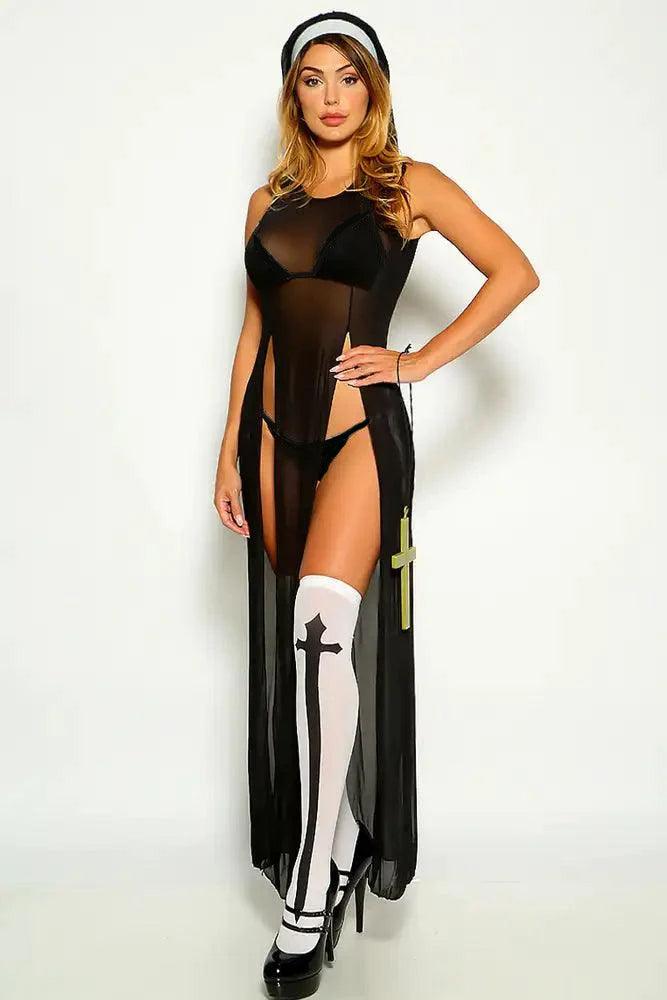 Black Sleeveless Mesh Sexy Nun 5 Piece Costume