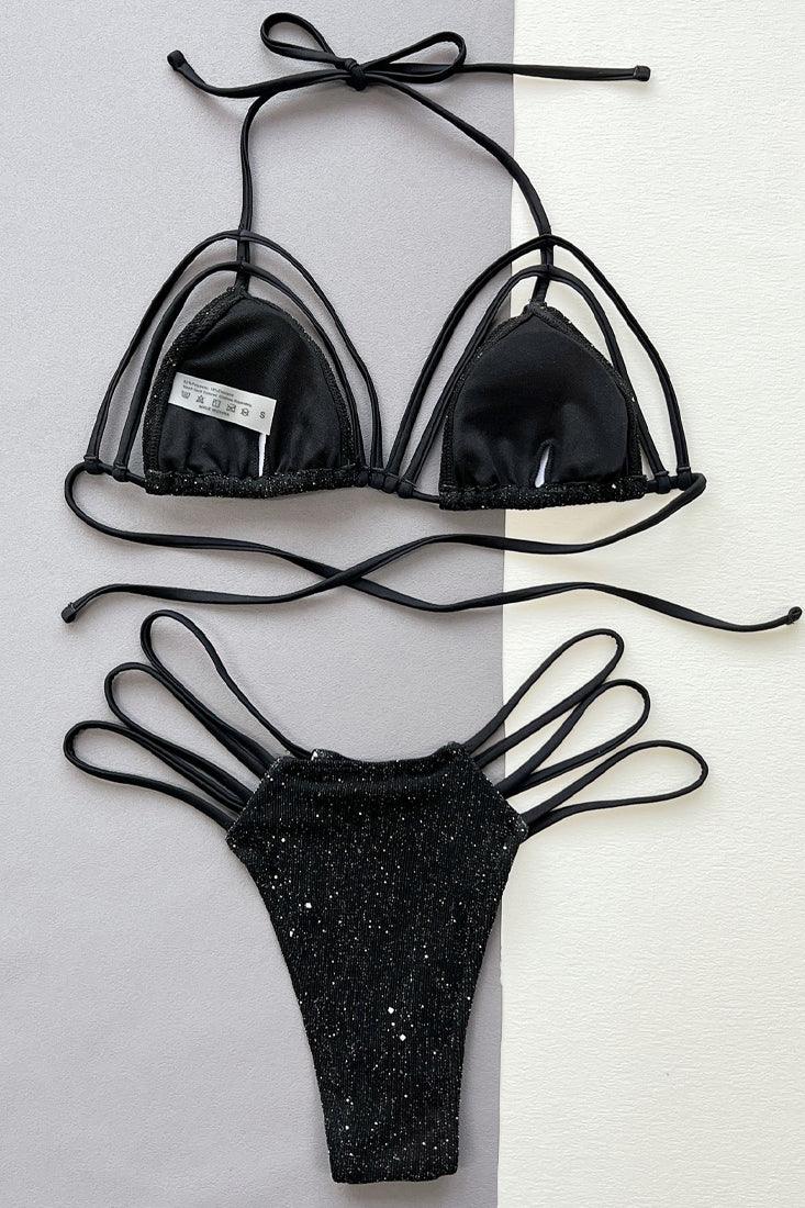 Black Sparkly Strappy Cheeky Sexy Two Piece Swimsuit Bikini