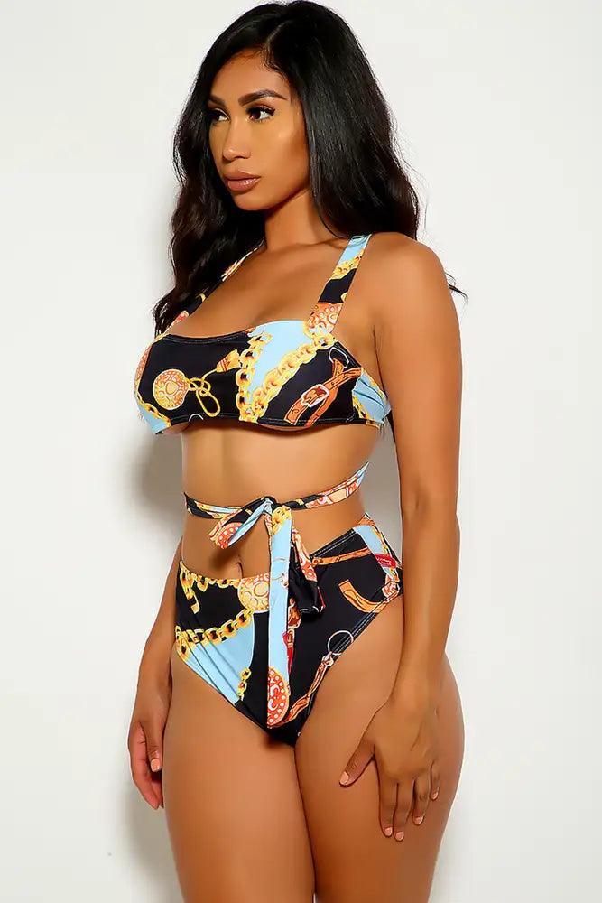 Black Strappy Graphic Print Two Piece Swimsuit