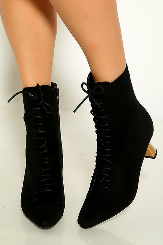 Black Suede Single Sole Gold Chunky Heel Booties