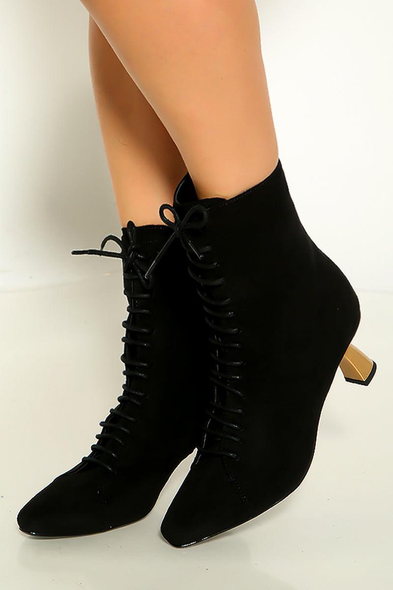 Black Suede Single Sole Gold Chunky Heel Booties