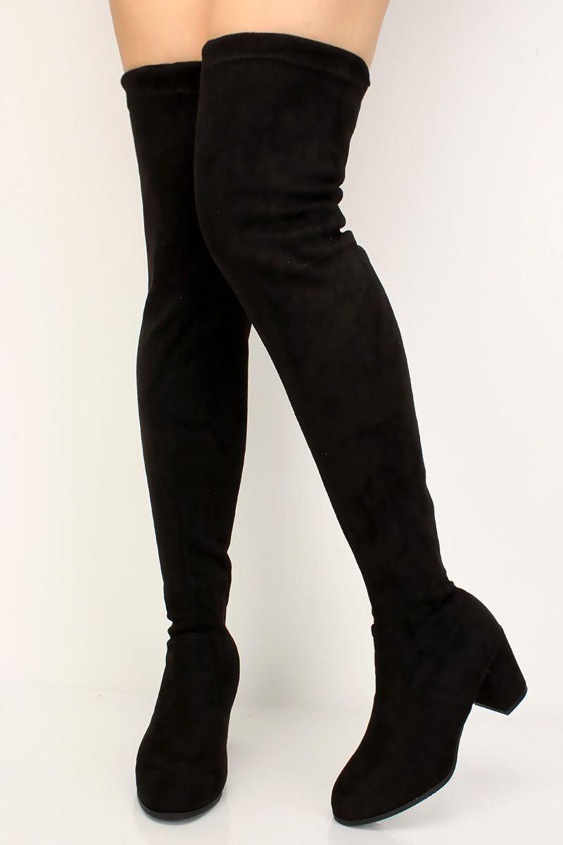 Black Suede Stay Up Chunky Heel Thigh High Over The Knee Boots