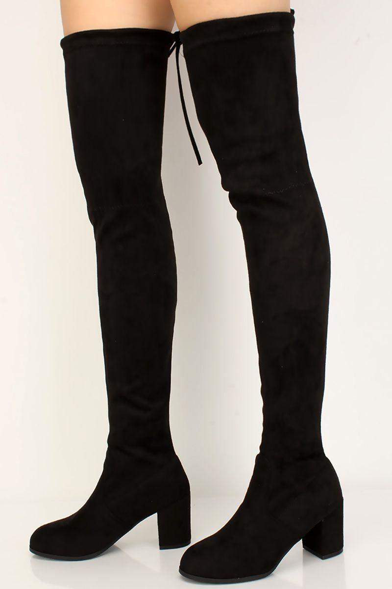 Black Suede Stay Up Chunky Heel Thigh High Over The Knee Boots