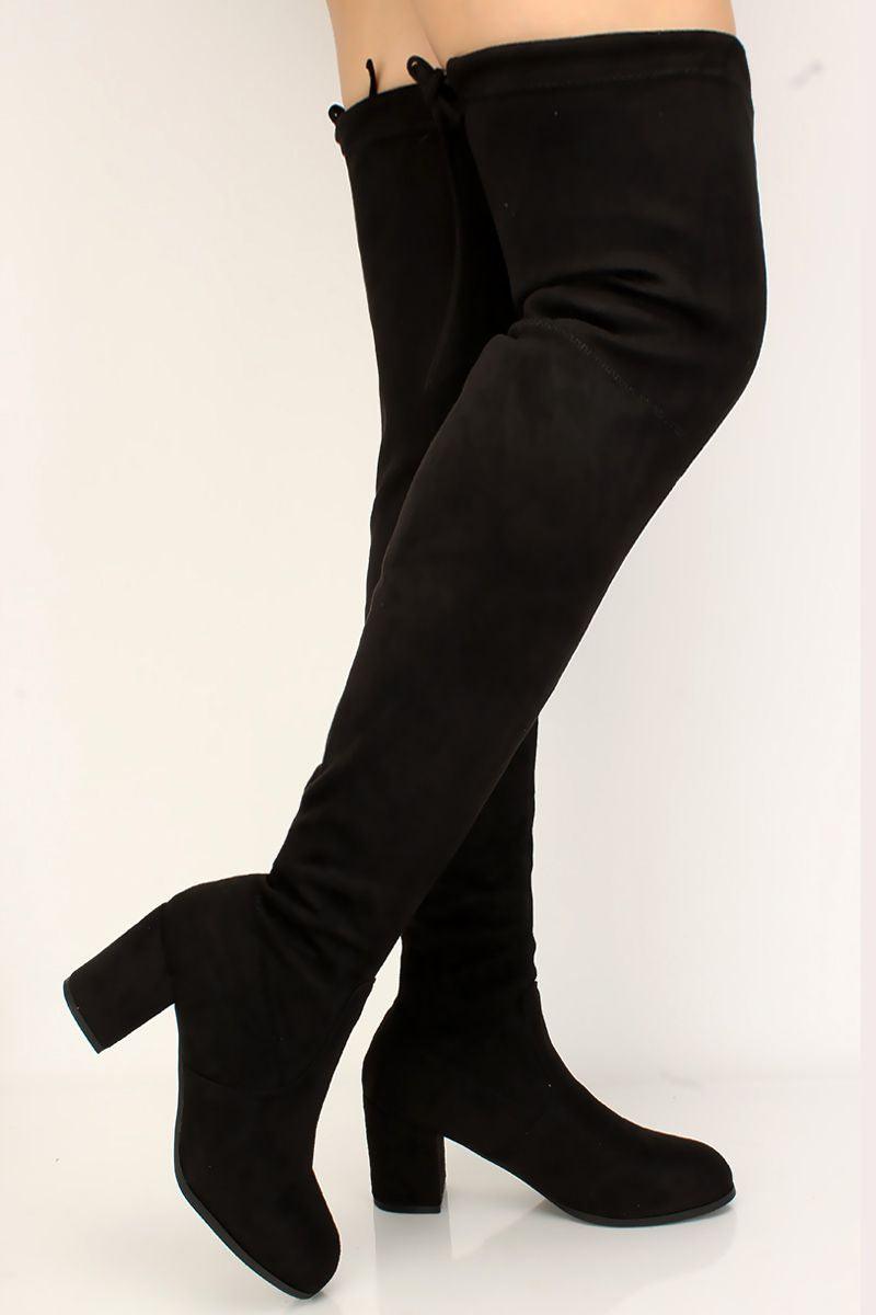 Black Suede Stay Up Chunky Heel Thigh High Over The Knee Boots