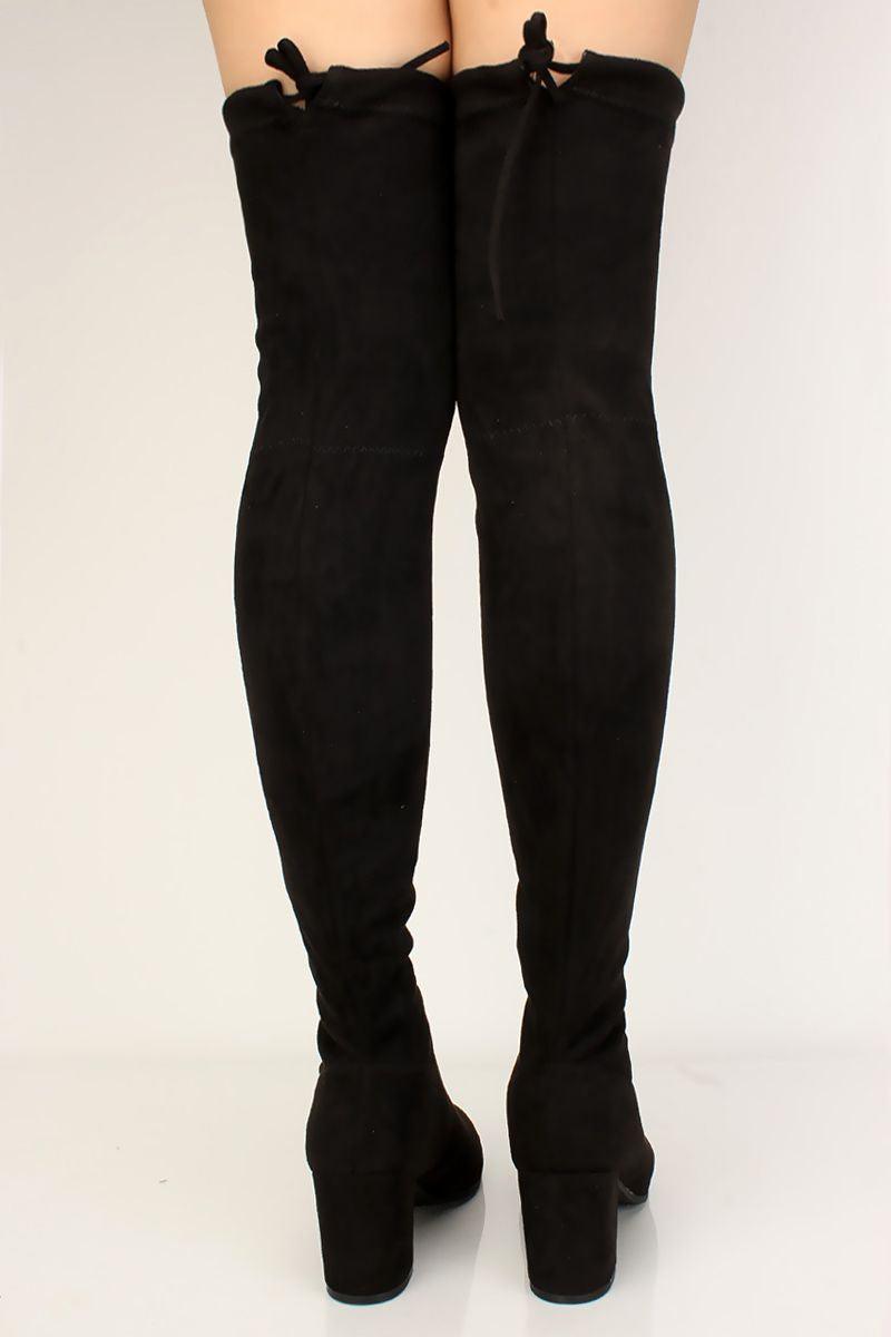 Black Suede Stay Up Chunky Heel Thigh High Over The Knee Boots