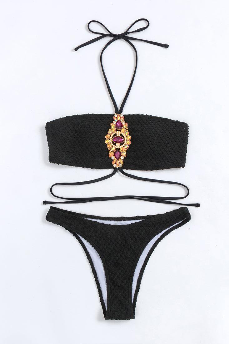 Black Textured Rhinestone Gemstone Halter Cheeky 2 Pc Sexy Swimsuit Set Bikini