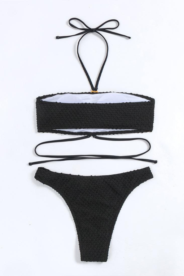 Black Textured Rhinestone Gemstone Halter Cheeky 2 Pc Sexy Swimsuit Set Bikini