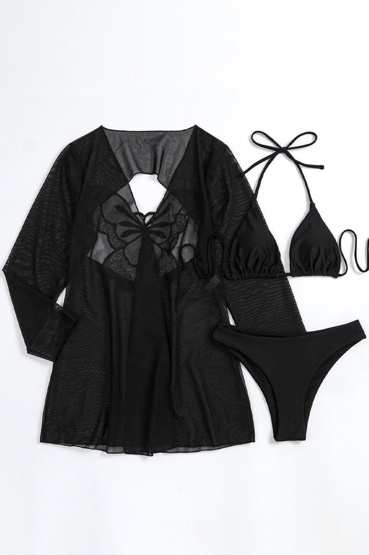 Black Triangle Cheeky Butterfly Cut Out Kimono Cover-Up 3 Pc Sexy Swimsuit Set