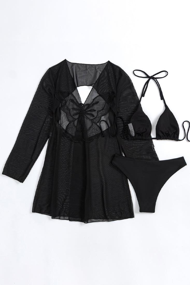 Black Triangle Cheeky Butterfly Cut Out Kimono Cover-Up 3 Pc Sexy Swimsuit Set