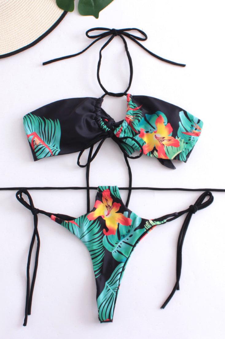 Black Tropical Print Strappy Halter Bandeau Thong 2Pc Sexy Swimsuit