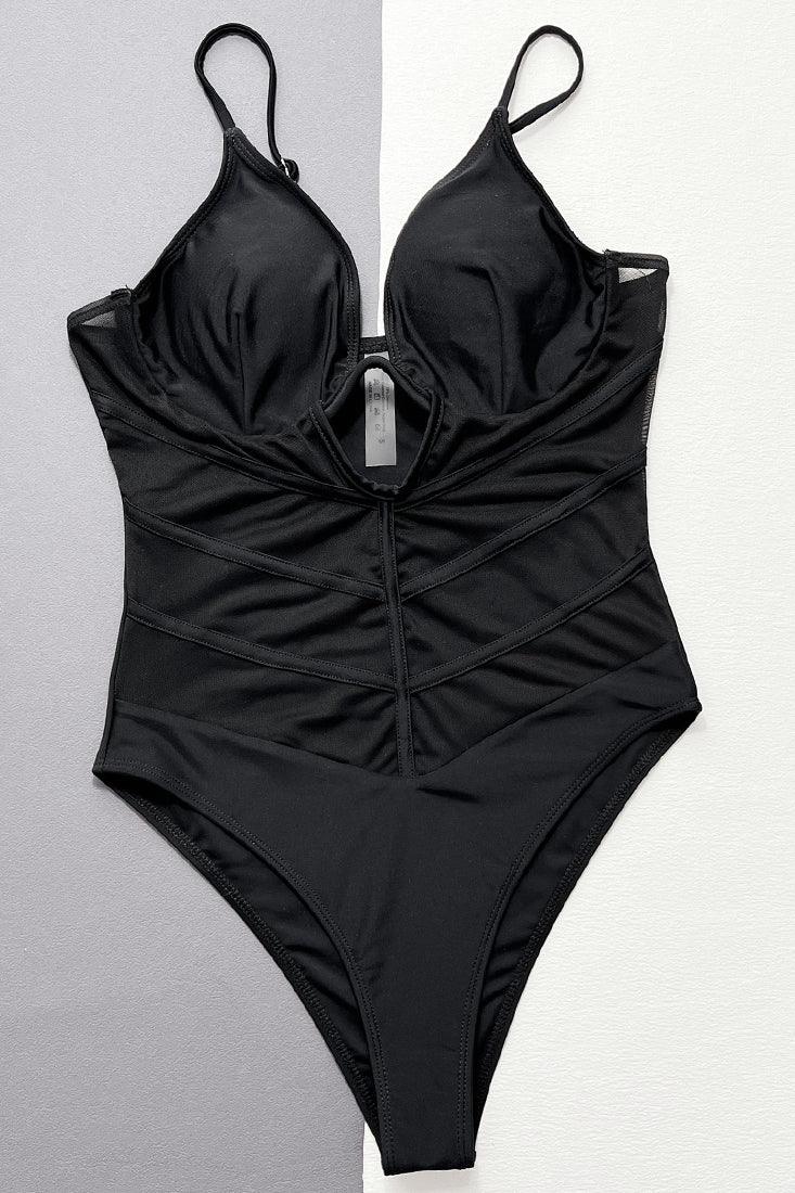 Black V-Wired Mesh Strappy Sexy 1Pc Swimsuit Monokini