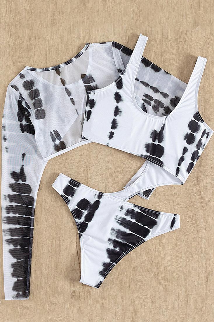 Black White Cut Out Monokini With Long Sleeve Pullover Cover Up