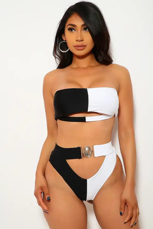 Black White Cut Out Padded Two Piece Swimsuit - Babewear