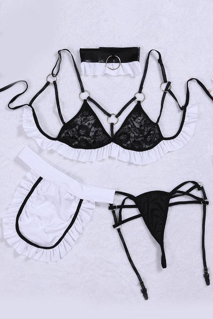 Black White Lace Strappy Garter 4 Pc Maid Ultra Sexy Costume