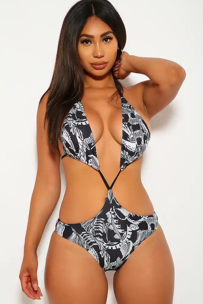 Black White Leaf Print Halter Monokini - Babewear