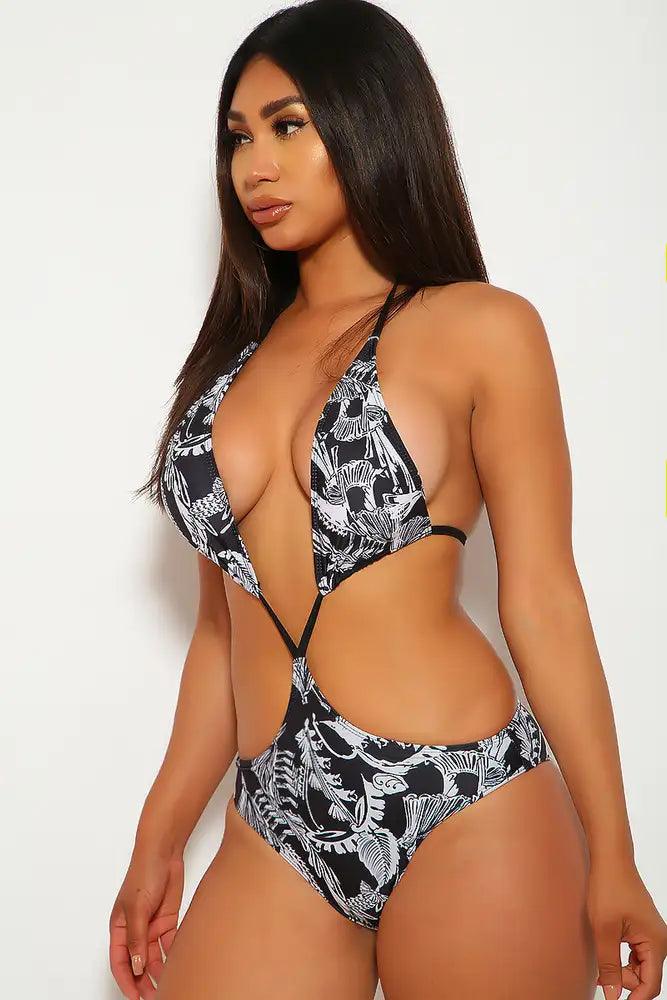 Black White Leaf Print Halter Monokini