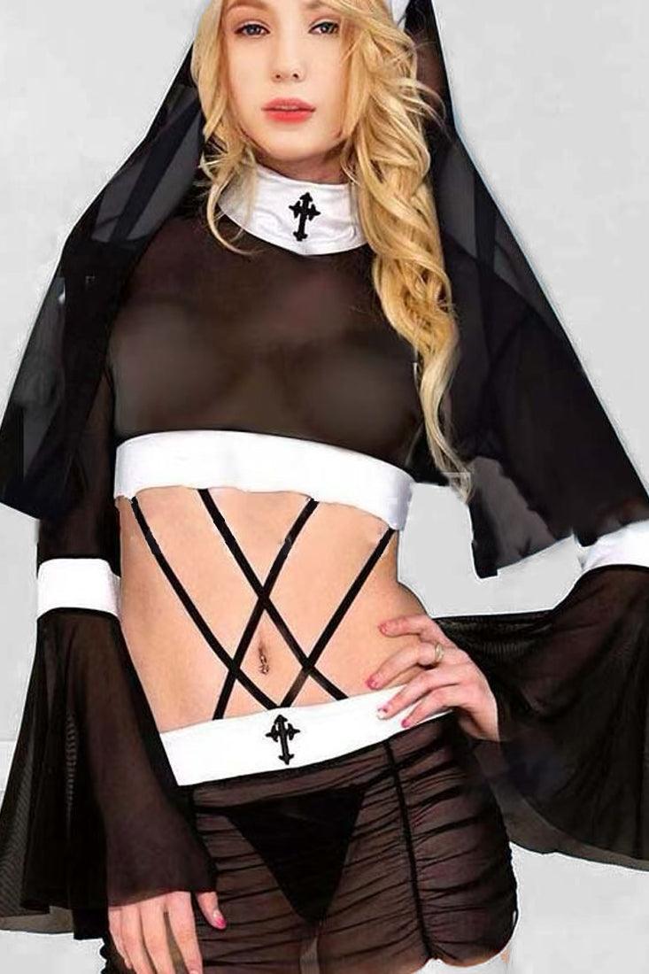 Black White Long Sleeves Sheer Mesh 3 Pc Nun Costume