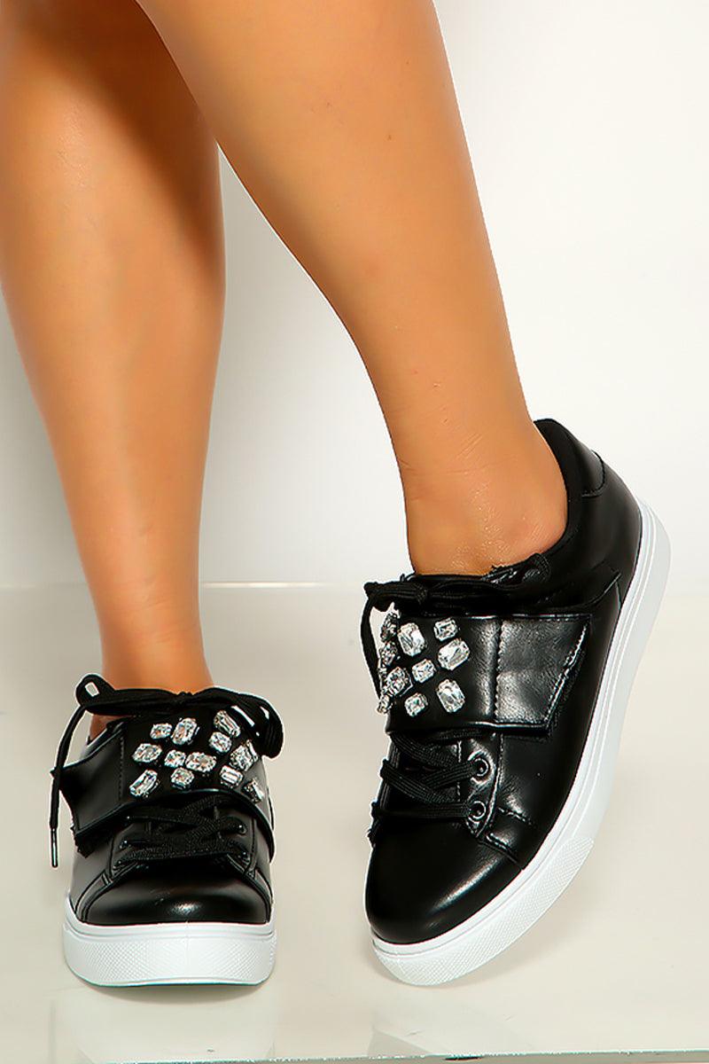 Black White Rhinestones Accent Lace Up Sneakers