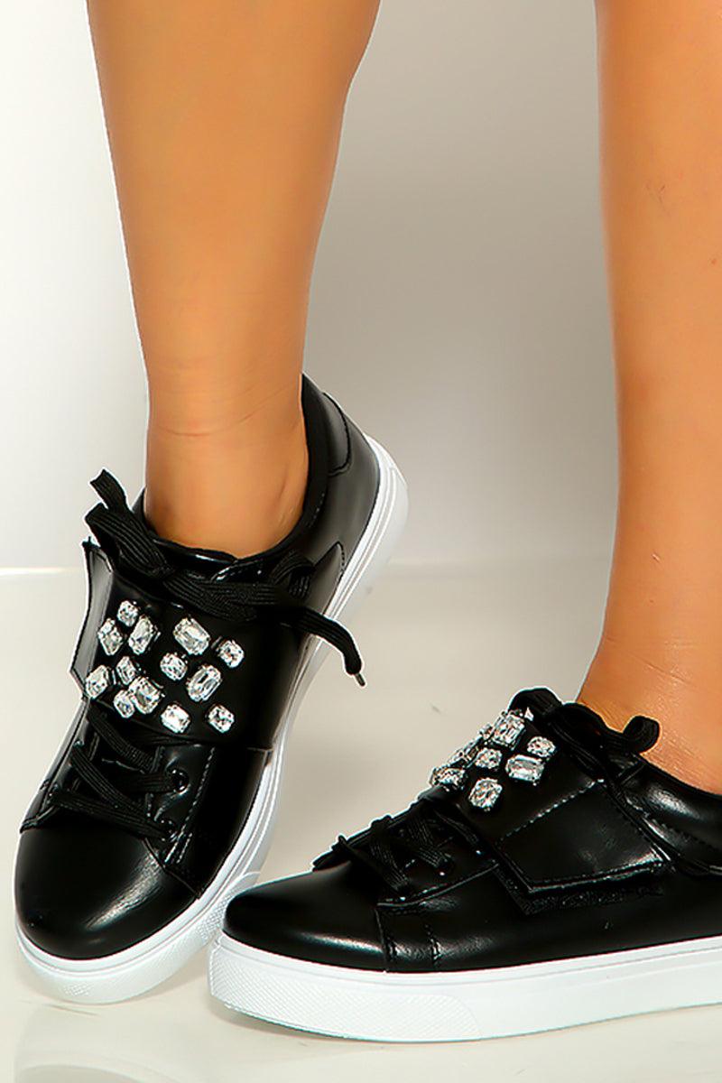 Black White Rhinestones Accent Lace Up Sneakers